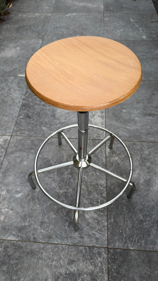 Sgabello Industriale Vintage Regolabile – Legno & Cromo – krukjes, Metal, Wood