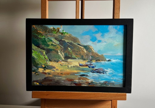 Original Oil Painting Summer Coastal Landscape Sunny day at sea