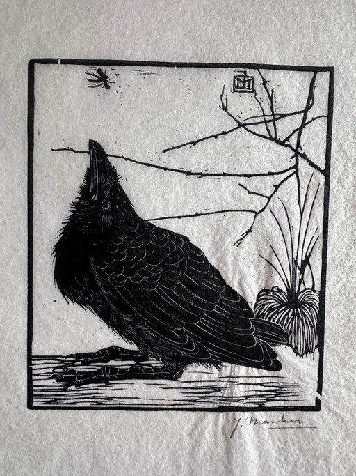 Jan Mankes 1889-1920 / Gravure sur bois originale Petit Corbeau regardant un moustique 1918