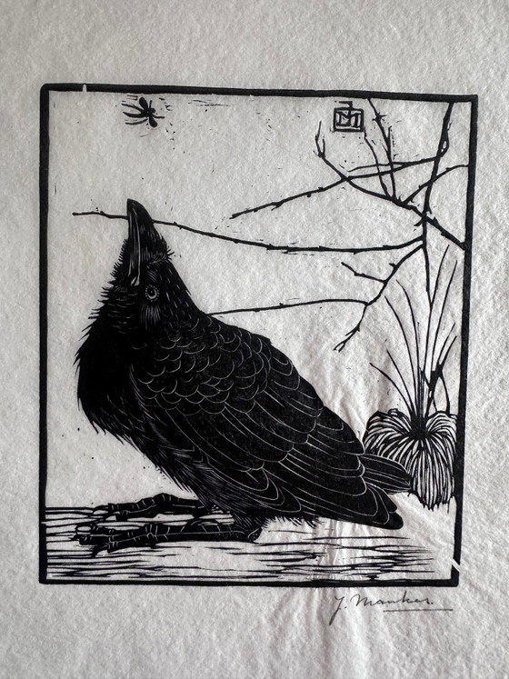 Image 1 of Jan Mankes 1889-1920 / Gravure sur bois originale Petit Corbeau regardant un moustique 1918
