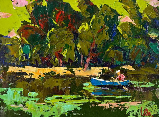 Image 1 of Original Oil Painting Summer River Landscape Calm on the water