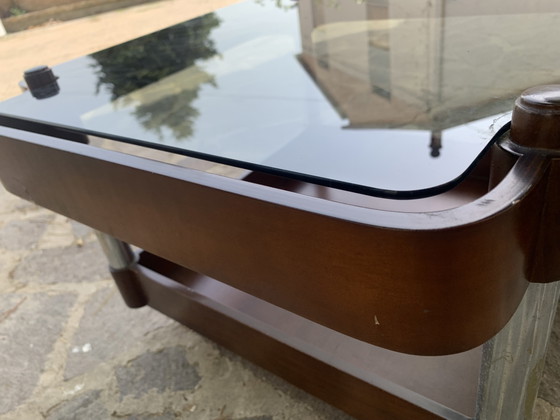 Image 1 of Vintage 1970s Coffee Table - Smoked Glass and Curved Wood with Double Shelf - 66x66x37 cm

