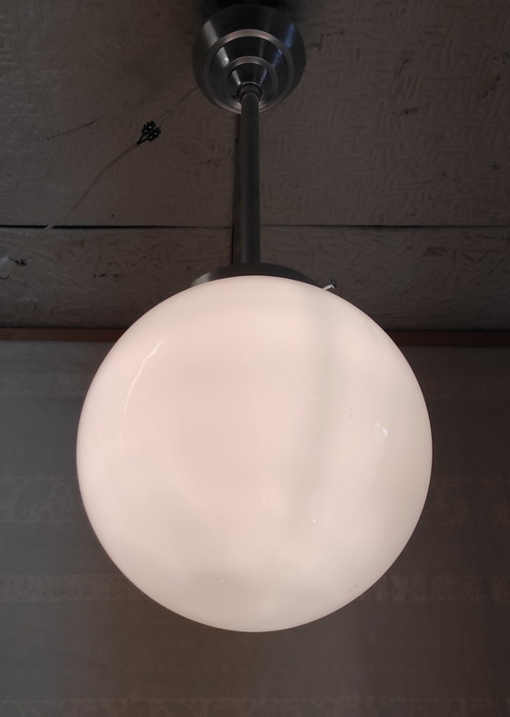 Image 1 of Bauhaus style pendant light in aluminum and opaline globe diam. 25 cm - mid. 20th century 