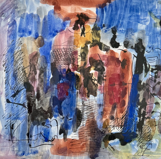 Image 1 of Prachtig abstract schilderij uit 1975 - René Mels, groot Belgisch kunstenaar - Ingelijst