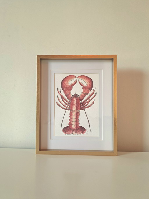 Watercolor painting of Lobster | Gold-colored frame
