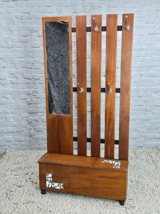 Mid-Century Design Teak Hallway Coat Rack With Mirror And Storage Bench With Ceramic Mosaic Inlay, 1960s