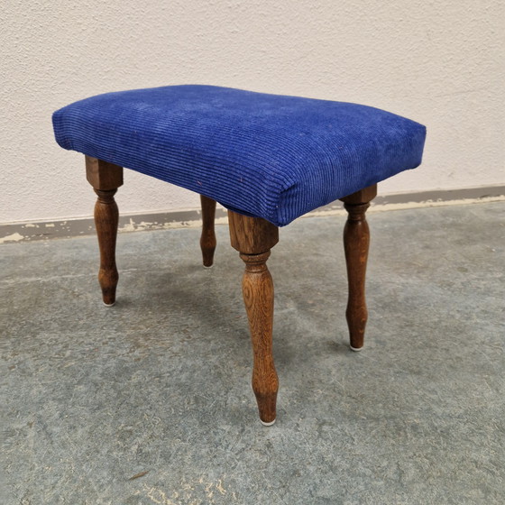 Image 1 of Vintage footstool cobalt blue newly upholstered stool footstool oak 1960s