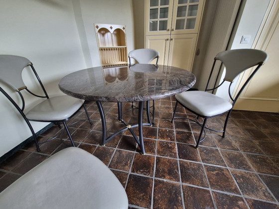 Salles à manger complètes Années 80: Table Marbre & 4 Chaises Style Arrben – Marble, Metal (photo 6 of 10)