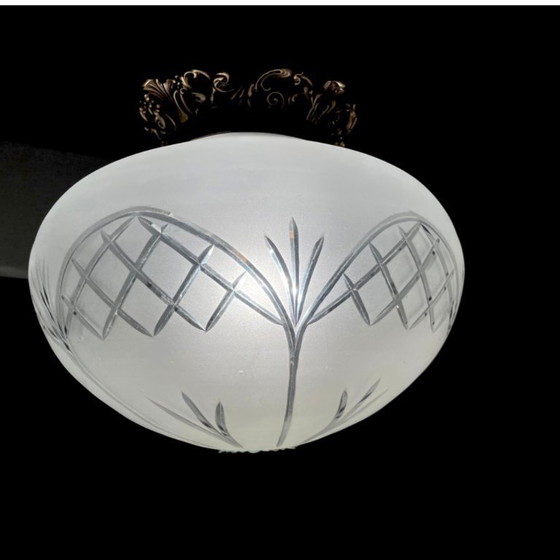 Image 1 of Portuguese regency-inspired frosted glass pendant with ornate brass crown