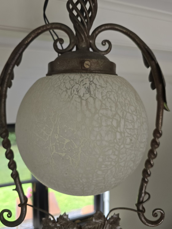 Image 1 of 🌿 Vintage Crackle-Glas & Smeedijzeren Hanglamp | Retro Statement Lamp