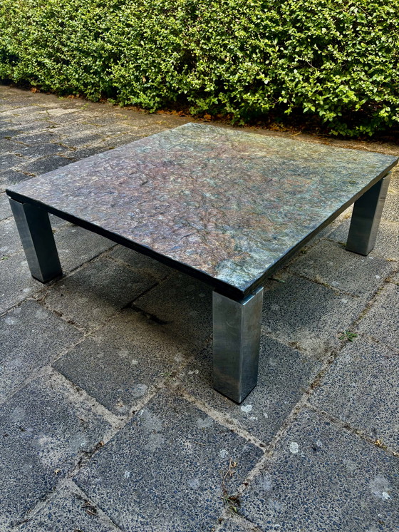 Image 1 of Vintage Brutalist Leistenen Salontafel met Chroom Onderstel – 80x80 cm