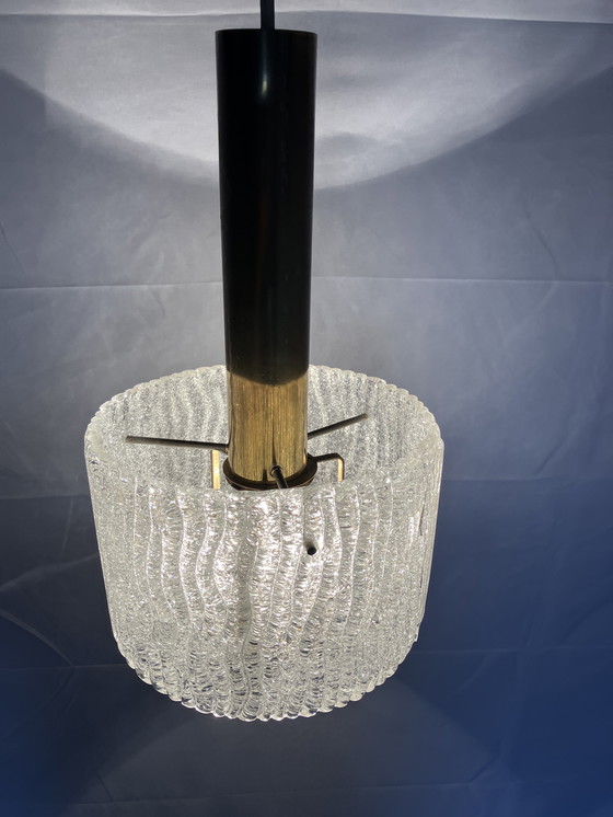 Image 1 of Vintage pendant lamp brass and thick ice glass J.T. Kalmar 1950/60