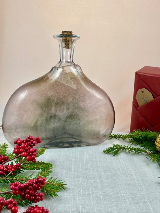 Image 1 of Art Glass Decanter – Attributed to Erik Höglund – Swedish Design – Frosted Brown & Clear Glass – Sculptural Bottle with Cork – S