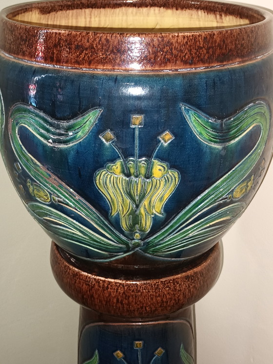 Image 1 of Antique cache-pot and column Flemish pottery