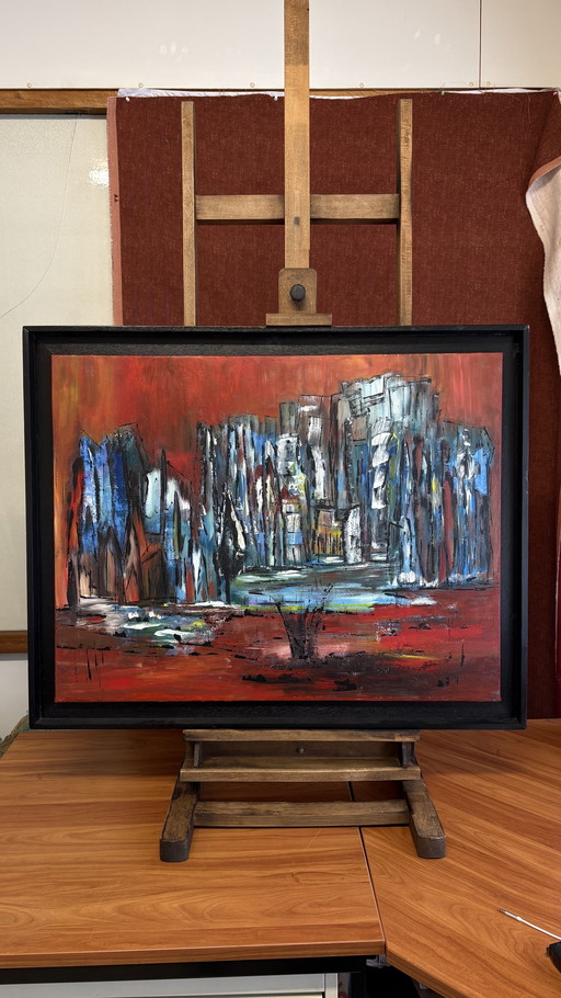 Grande peinture abstraite en style empâté - rouge/bleu - vers 1965-80