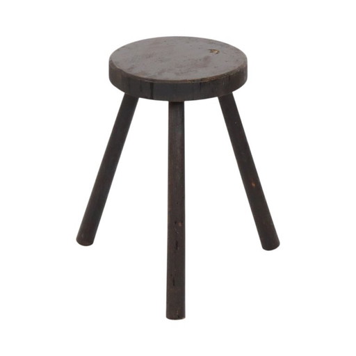 Ancien Tabouret Tripode Rustique Bois Massif Teinté 45cm