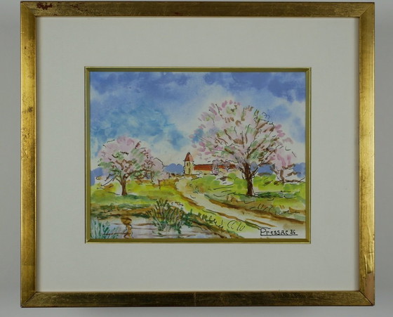 Image 1 of Small painting by Marcel Pressac - Spring landscape, dated and signed.
