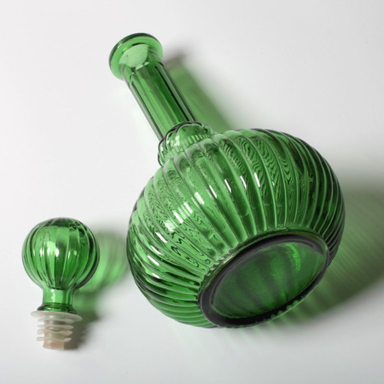 Image 1 of Vintage Emerald Green Glass Decanter / Rare Bottle with Stopper / Empoli / Italy / 1970s