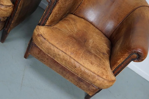 Vintage Nederlandse cognackleurige leren clubfauteuils, set van 2
