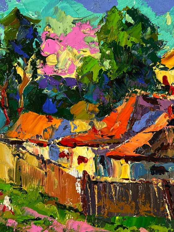 Image 1 of Peinture à l'huile originale représentant un paysage rural dans une rue du village par une chaude journée ensoleillée.