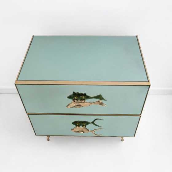 Pair Of Mid-Century Aqua Green Mirrored Glass Nightstands With Brass Fish Handle (photo 8 of 9)