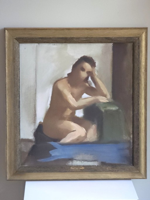 Mid-Century Olieverfschilderij "Zittend Naakt" – Jozef Hoemaeker (1911-1980)