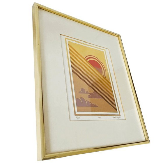 Image 1 of Vintage mid-century modern framed signed Ian W. King art print "Rays" 1974