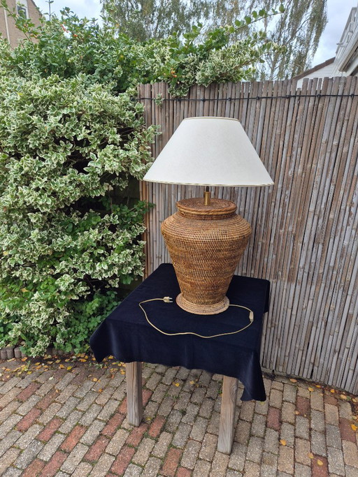 Tafellamp/Vloerlamp - XXL - Birma - Riet - Rotan - Witte Kap - Vintage