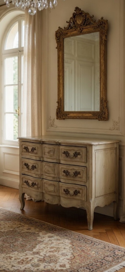 Antique curved chest of drawers with a pistachio green patina