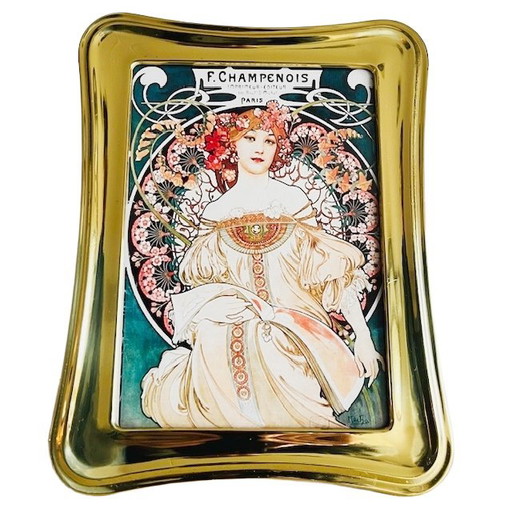 Dipinto vintage Art Nouveau di Alphonse Mucha Cornice in ottone Champenois degli anni '60