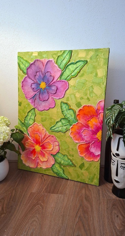 Handmade Texture Flower Painting – Colorful Modern Wall Decor
