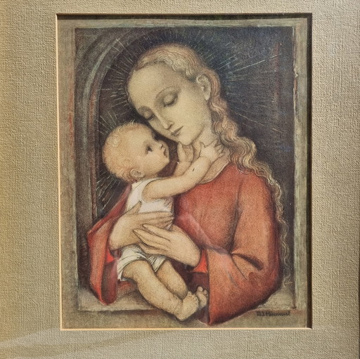 Deutscher Hummel/Goebel-Kunstdruck im Jugendstil: Maria mit Kindern, Kirche, Jesus, Mitte des 20. Jahrhunderts