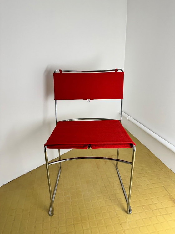 Image 1 of Chaise Delfina Enzo Mari pour Rexite 1974 Acier Chromé Tissu Kvadrat Field 2 Rouge Compasso d'Oro