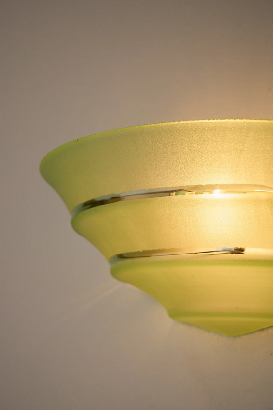 Mid-Century Green Glass Shell Wall Sconce with Clear Stripes, Wall lights, Brass, Mid Century Modern (photo 5 of 9)