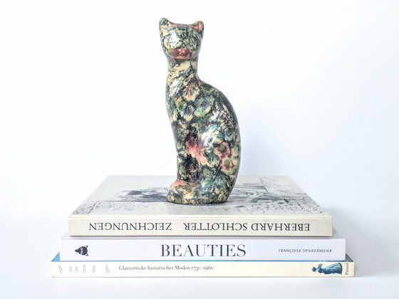 Image 1 of Papier Mâché Cat | Floral Decoupage Figurine | Vintage