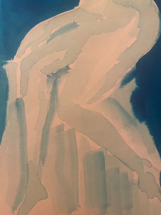 Image 1 of Monochroom blauw aquarel gesigneerd "blauwe dame" de pose