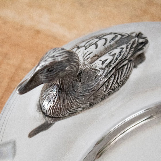 Vintage Silver-Plated 1960s French Foie Gras Dish: Duck-Shaped Handles and Art Deco Design (photo 5 of 10)