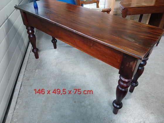 Antique style console table / hall table with brass ring fittings., Wood, Brown (photo 8 of 10)