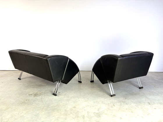 Set divano postmoderno di Young International, anni '80 – Zona salotto, Pelle, Cromo (photo 4 of 11)