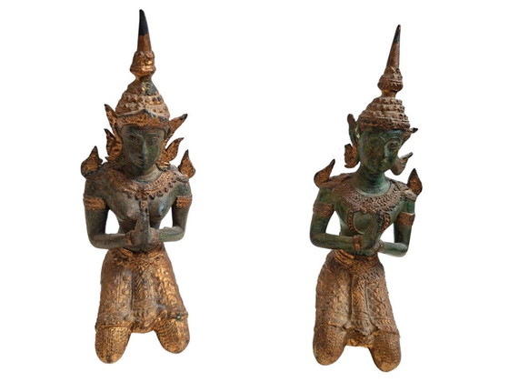 Image 1 of Pair of Bronze Thepphanom Statues – Thai Guardian Angels – Vintage