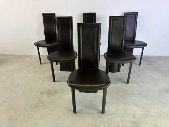 Vintage Zwart Lederen Eetkamerstoelen, Set van 6, Jaren 80 – Leather (photo 5 of 9)