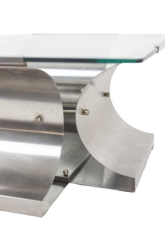 Image 1 of François Monnet, for Kappa. Brushed steel and glass coffee table. 1970