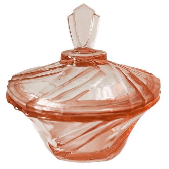 Image 1 of Art-Deco-Schmuckset „Rosaline“ aus geschliffenem Kristall, bestehend aus einer Schmuckdose und einer Schale, rosa, 1930er Jahre