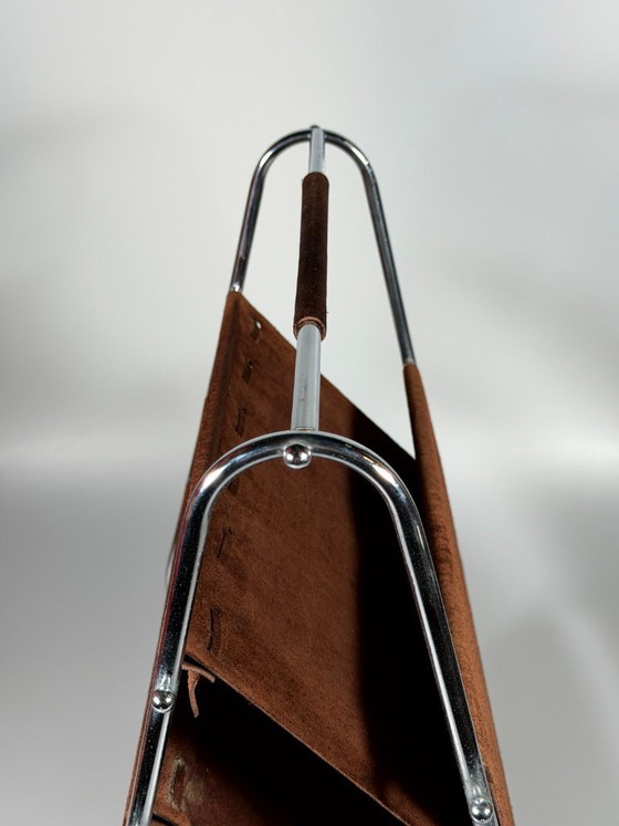 Image 1 of 1960s/70s Newspaper Holder/Magazine Stand, Metal/Leather, Mid-Century Design