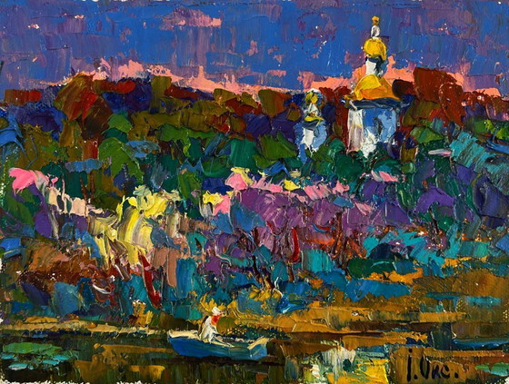 Image 1 of Original Oil Painting Evening Church Landscape Melody through the rural silence