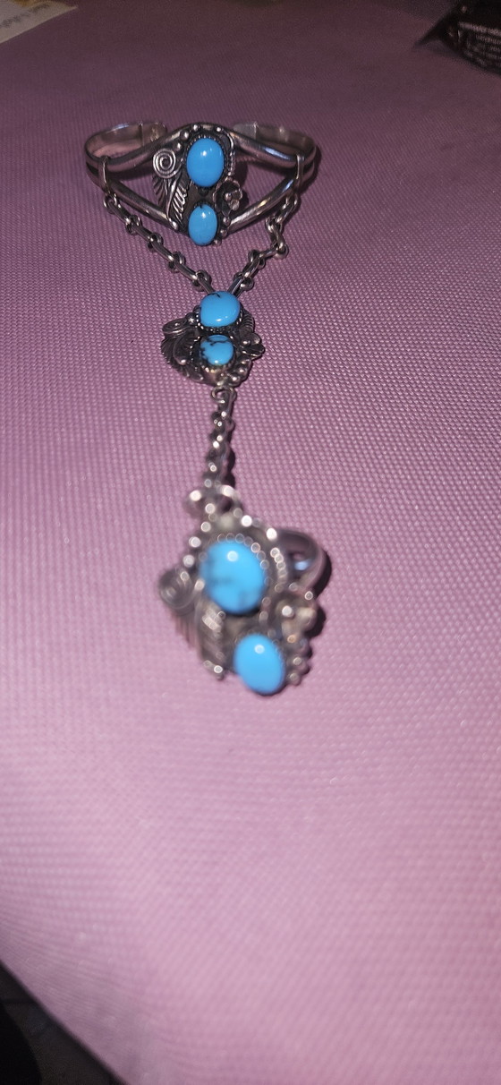 Image 1 of Bracciale da schiavo Navajo, argento 925 con turchese, gioiello vintage