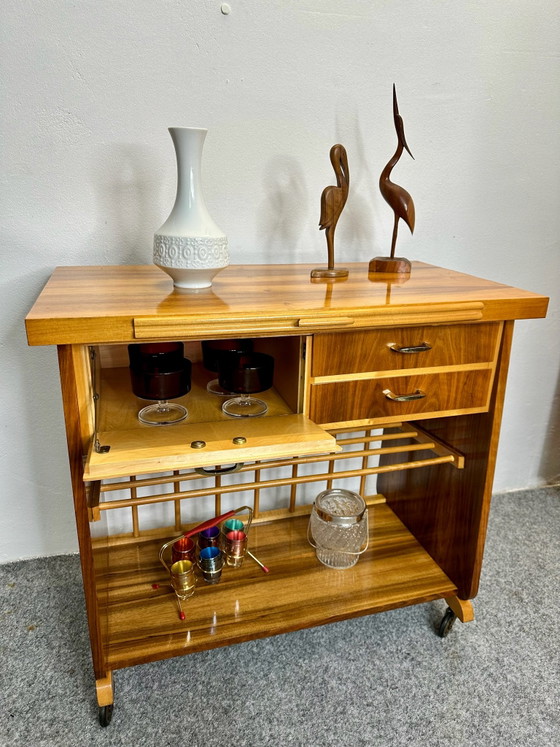 Mid Century Bar Cart Side Table 50s 60s Vintage, Wood, Brown (photo 15 of 15)