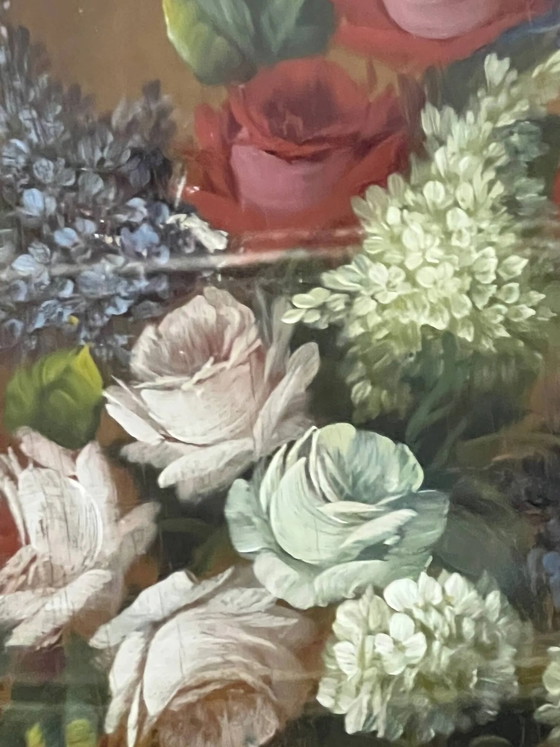 Stilleven met bloemen. Olie op paneel., Schilderijen & Tekeningen, Hout, Glas (foto 4 van 7)