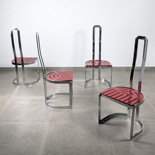 Sedie postmoderne in cromo e legno rosso, set di 4, anni '80