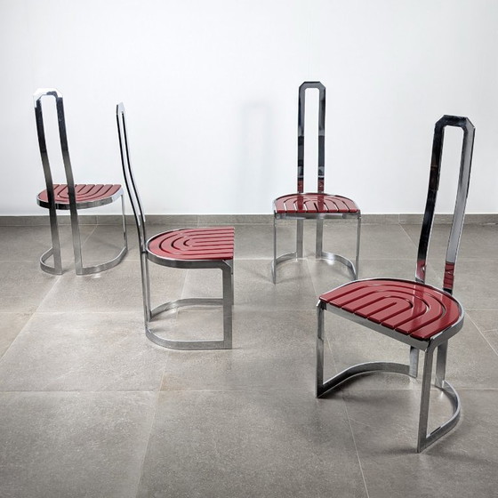 Image 1 of Sedie postmoderne in cromo e legno rosso, set di 4, anni '80